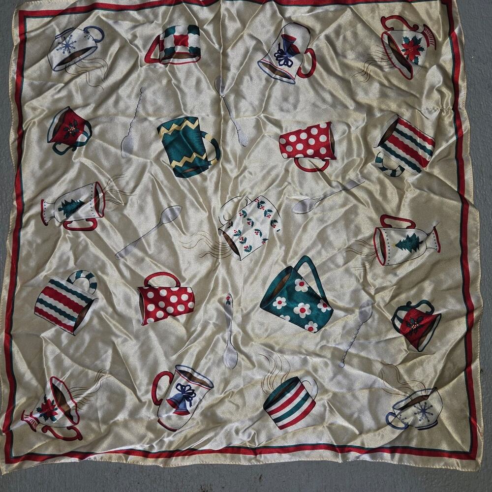 VintageTalbots 100% Silk Christmas Coffee Mug Scarf Square Read